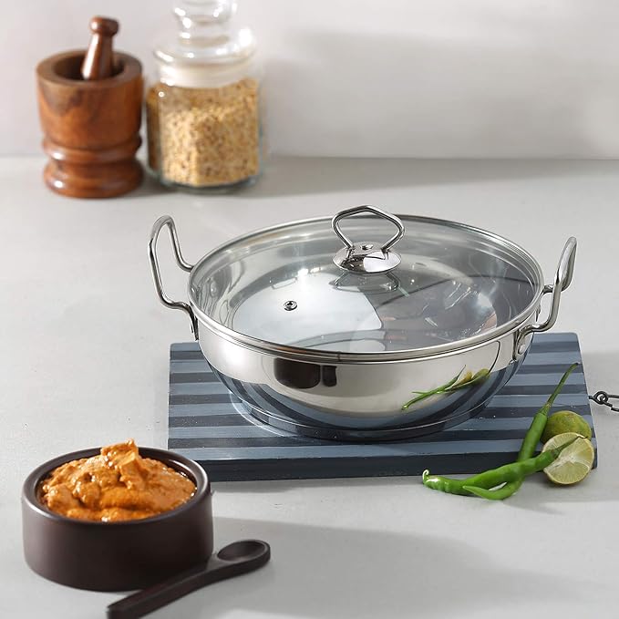 Vinod Stainless Steel Kadhai with Glass Lid - 1.4 Litre, 18cm | Extra Thick, SAS Heavy Bottom | Kadai for Cooking