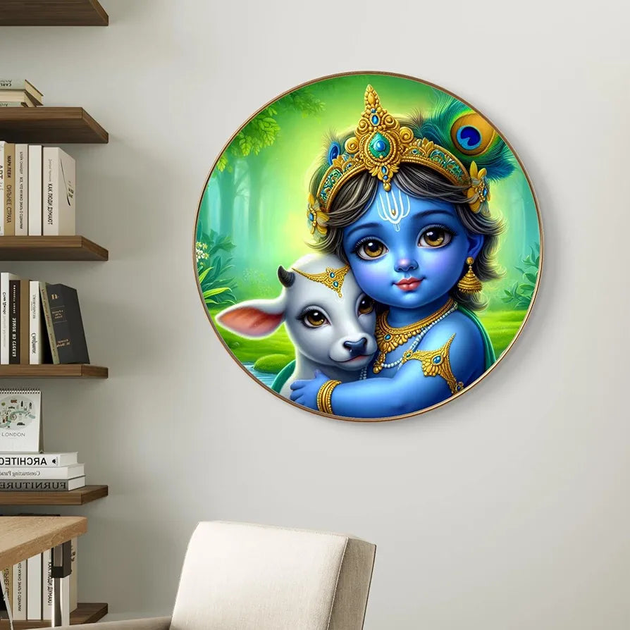 Livin'luxe Paintings Little Krishna with Calf Wall Painting with Frame - Sparkle Glossy Round Golden Framed Large