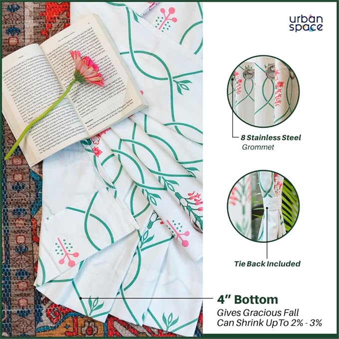 Urban Space Cotton Semi Sheer Curtains for Door Set of 2 with Eyelets and Tieback (Clour Floral Ripples Pink & Green)