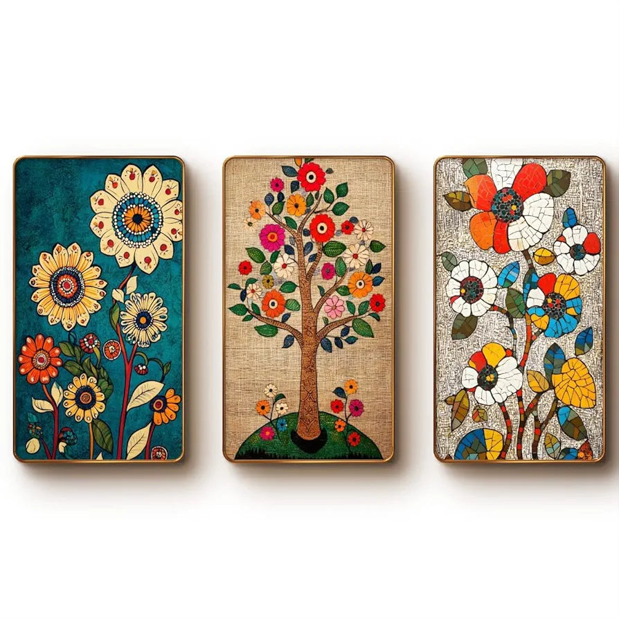 Livin'luxe Set of 3 Modern Art Madhubani Painting Premium Golden Framed Wall Paintings SG15