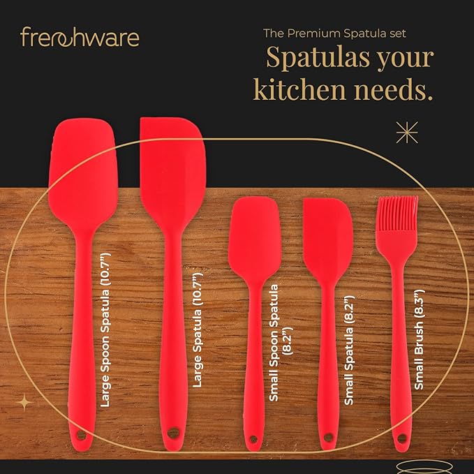 Frenchware Set of 5 Spatulas, Red | Non-stick Premium Silicone Spatula for Cooking, Baking & Mixing, Seamless Design