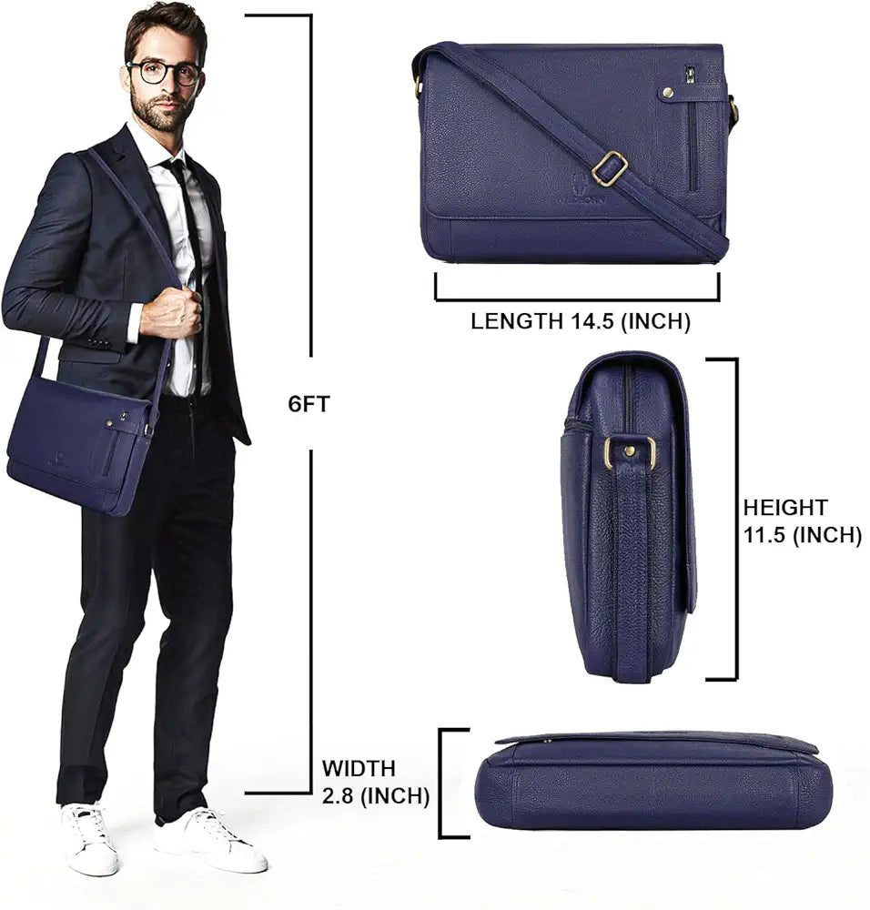 WildHorn Leather Messenger Bag for Men/Office Bag for Men I Padded Laptop Compartment with Adjustable Strap I DIMENSION : L-15 inch W-3 inch H-12 inch