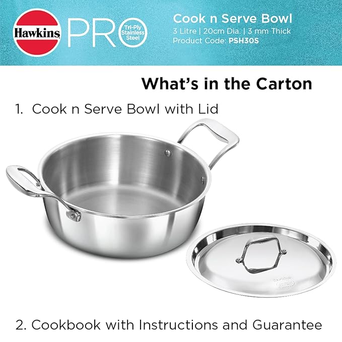 Hawkins 3 Litres Pro Triply Stainless Steel Cook N Serve Bowl With Steel Lid | Silver