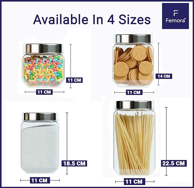 Femora Kitchen Storage Jars Transperent Glass With Steel Lid Air Tight Jar | 850 Ml | Pack of 1