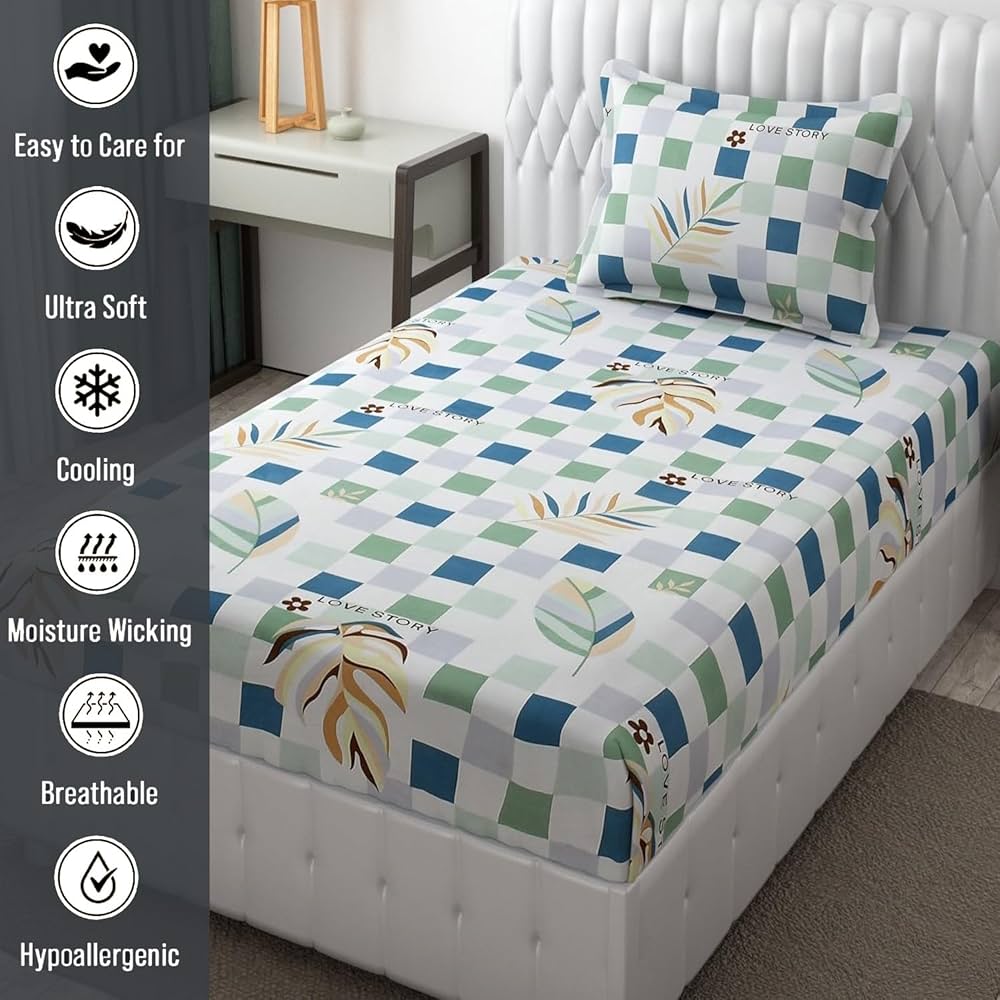 Fresh From Loom Microfiber Single Bedsheet for Single Bed Wrinkle Free Floral Design Bed Spread 1 Pillow Covers 144 TC Light Green White