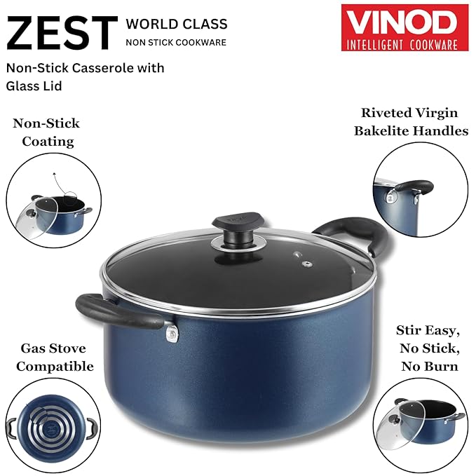 Vinod Zest Aluminium Non Stick Saucepot with Glass Lid - 3.1 Litre, 20 cm | 3 mm Extra Thick | 3 Layer Coating