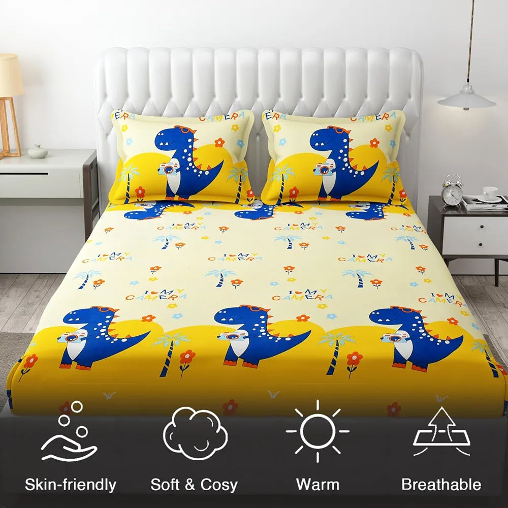Fresh From Loom Glace Cotton Elastic Fitted Bed Sheet Cartoon Printed Dino 144 Tc Multicolor Cream and Blue Double Bed