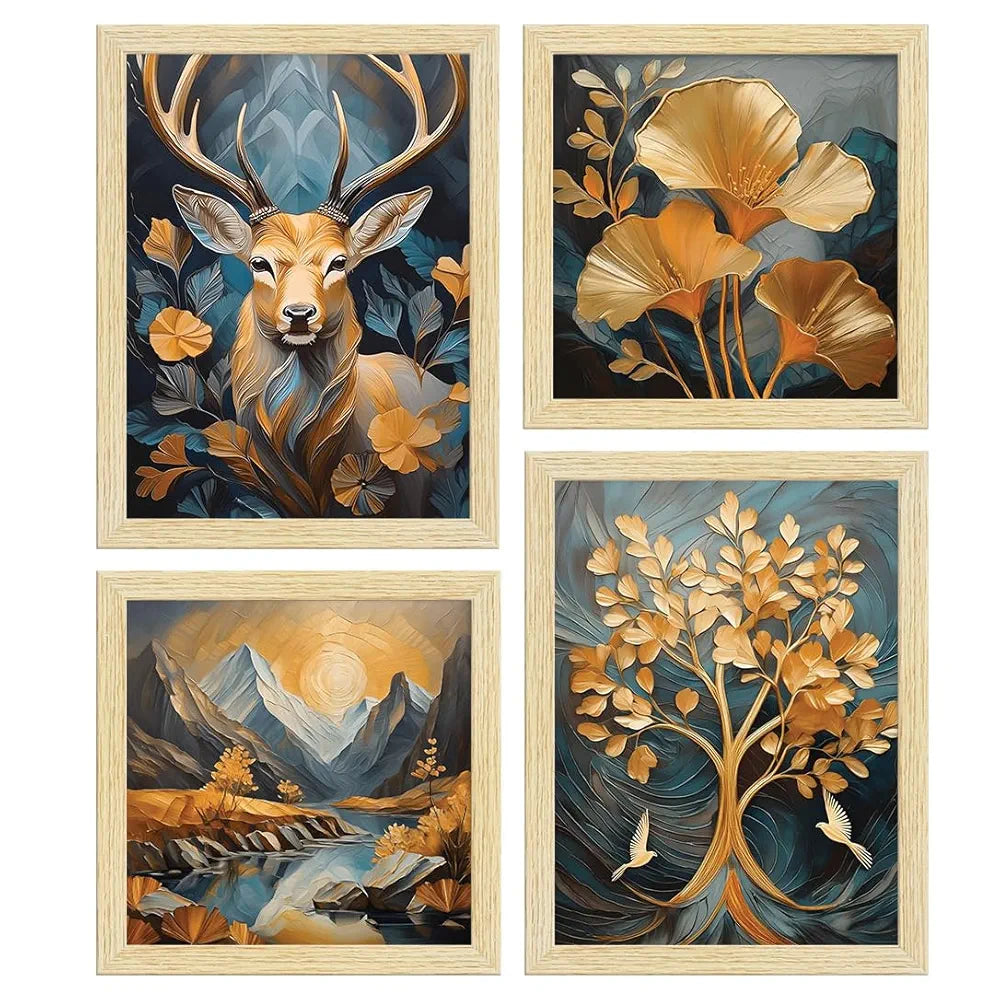 ArtX Paper Golden Deer Sunrise Scenery Flower Tree Art Paintings with Frame Set of 4