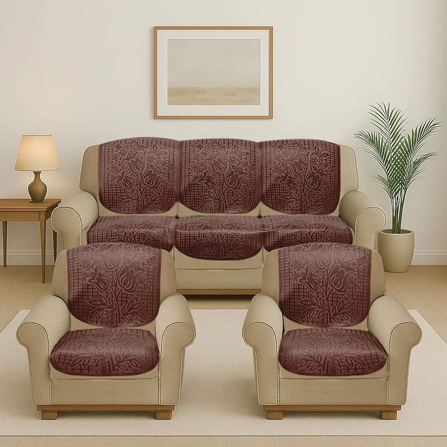 Cloth Fusion Italian Velvet Sofa Cover 5 Seater Set Perfect Floral Embossed Sofa Cover 3 Seater and 2 Seater Brown