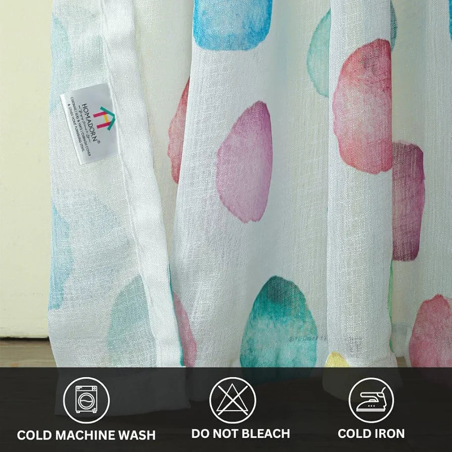 Homadorn Linen Sheer Printed Semi Transparent Curtains for Window Set of 2 Rainbow Circles