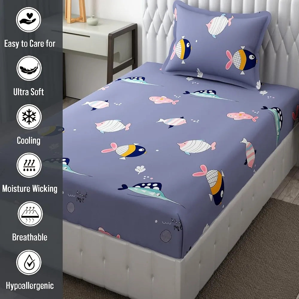 Fresh From Loom Glace Cotton 300 tc Wrinkle Elastic Fitted Cartoon Printed Bedsheets for Kids with 1 Pillow Fish Blue Smallsingle