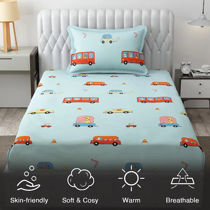 Fresh From Loom Soft Hypoallergenic Bed Sheet Cartoon Printed Single Bedsheet Kids Bedsheet With 1 Pillow Cover 144 tc Aqua