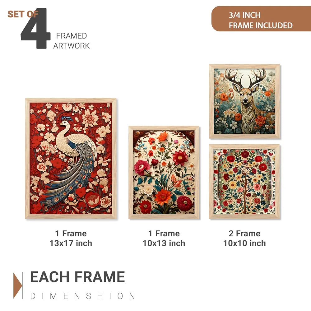 Kotart Madhubani Art Paintings with Frame Traditional Framed Painting Set of 4 Frames E