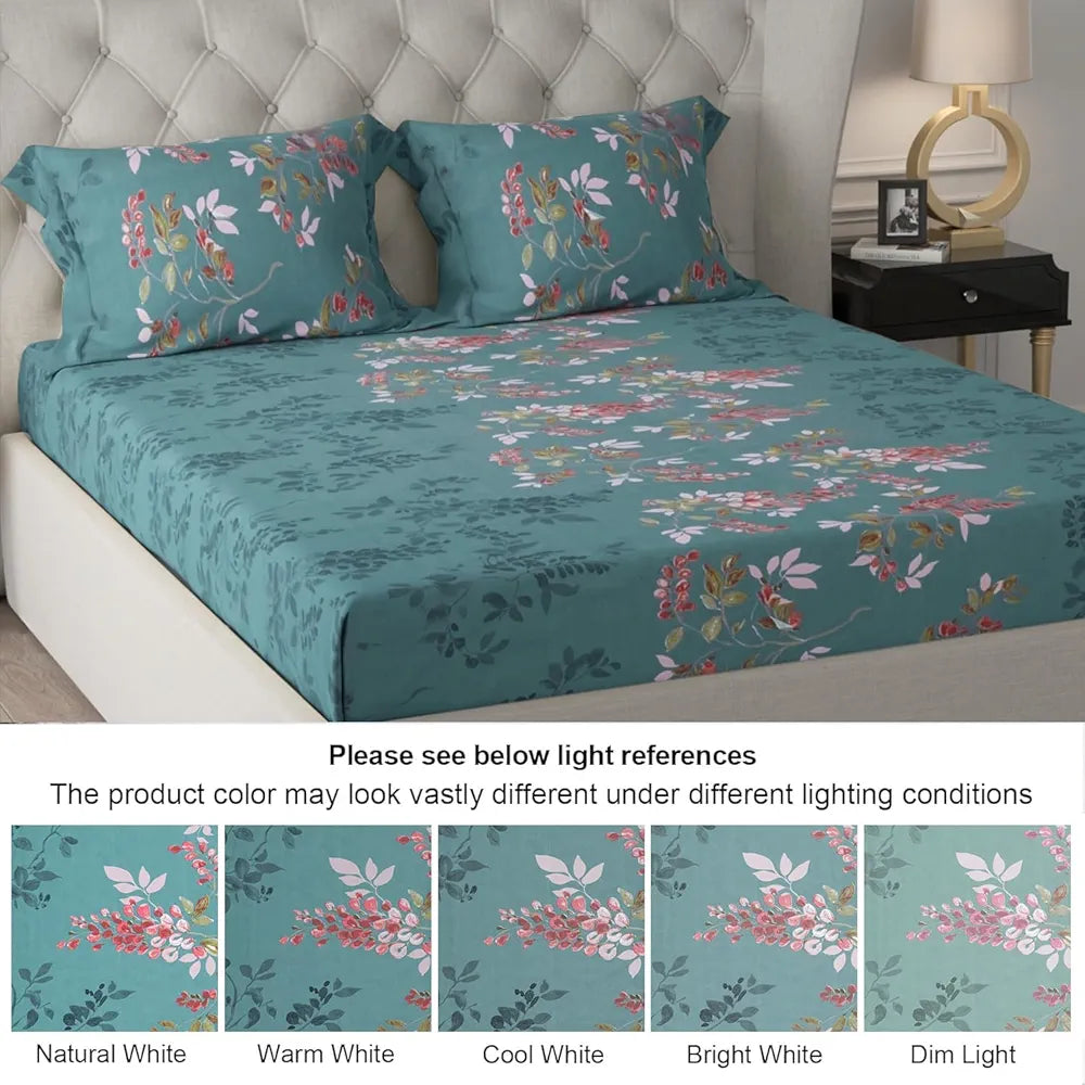 Cloth Fusion 186tc Glace Cotton Elastic Fitted Bedsheet for Double Bed King Size with 2 Pillow Covers Botanical Night
