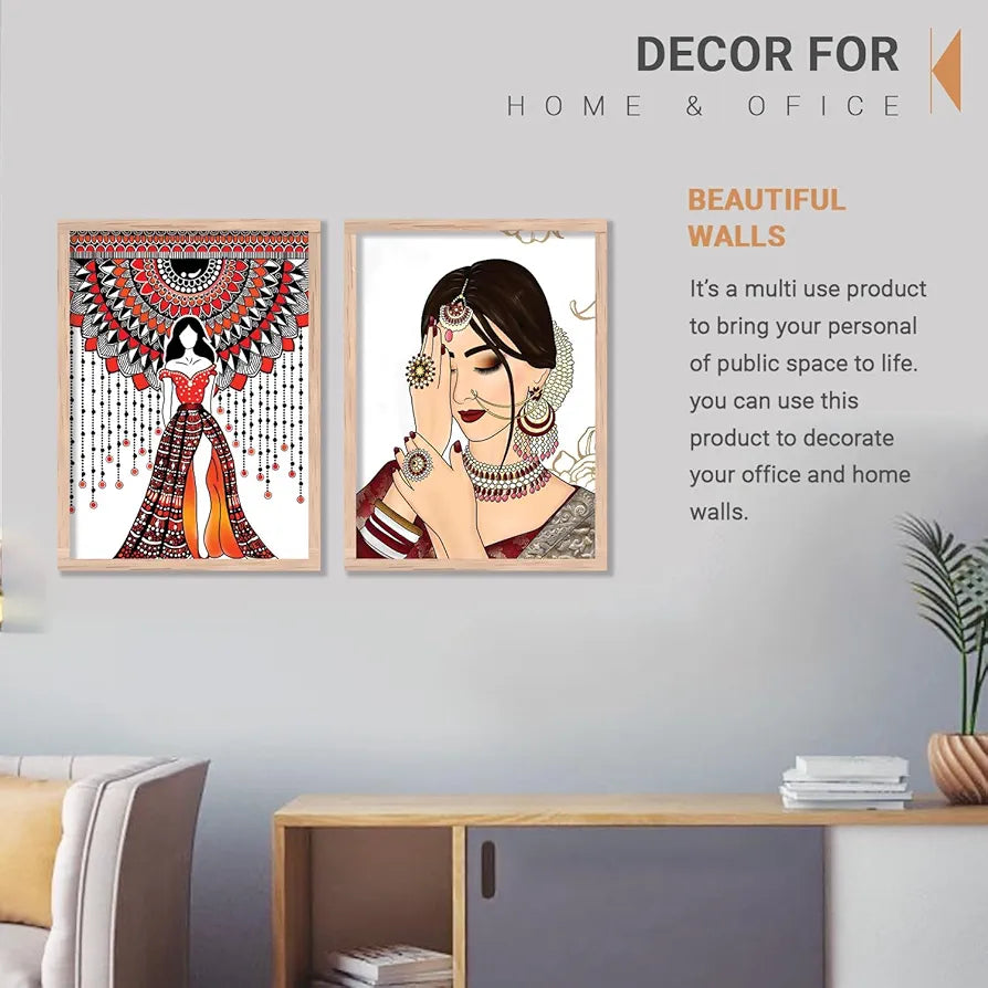 Kotart Indian Woman Digital Painting with Frame for Home Decoration Pack of 2 Design03