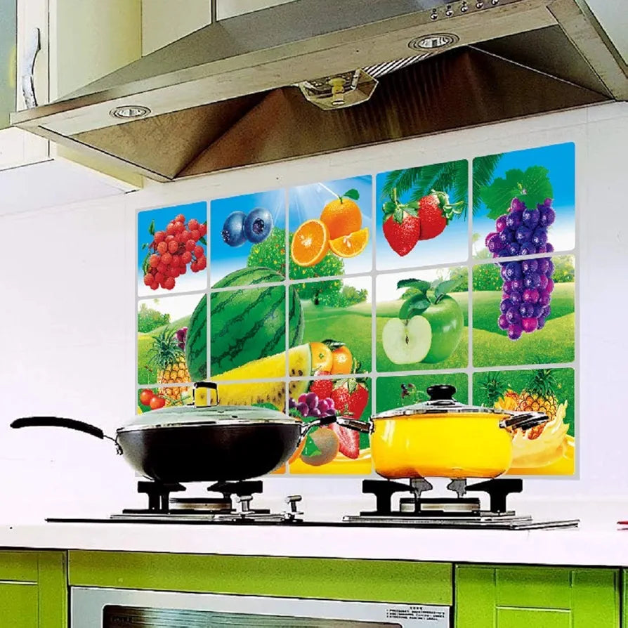 Jaamso Royals Multi Fruits and Vegetable Oil Proof Vinyl Aluminium Foil Kitchen Tile Wall Sticker Fruit vegetable