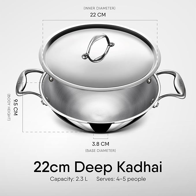 Stahl Artisan Triply Stainless Steel Round Bottom Kadhai With Lid | Extra Deep Kadai | 2.3 L | 22 Cm