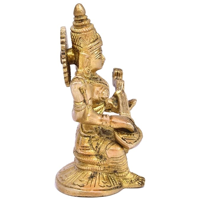 The Advitya Brass Maa Saraswati Statue | Maa Saraswati Murti/ Idol for Pooja | 4.5 Inch