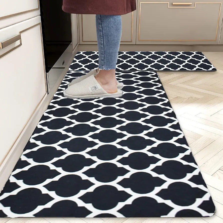 Ishro Home Velvet Premium Kitchen Mats For Floor Kitchen Runner 2 Pcs Set Colour Black Diamonds