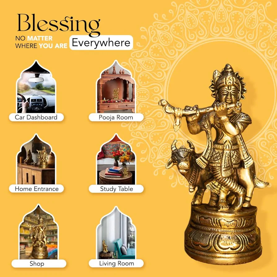 Ekhasa Pure Brass Lord Krishna Idol with Flute Shree Lord Krishna Statue Golden