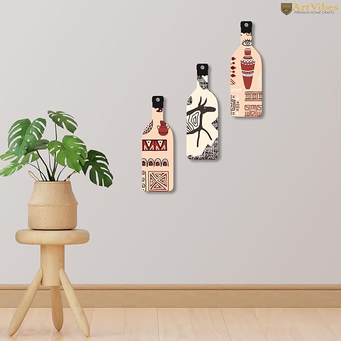 Artvibes African Warli Art Wooden Wall Hanging for Home Decor | Set of 3