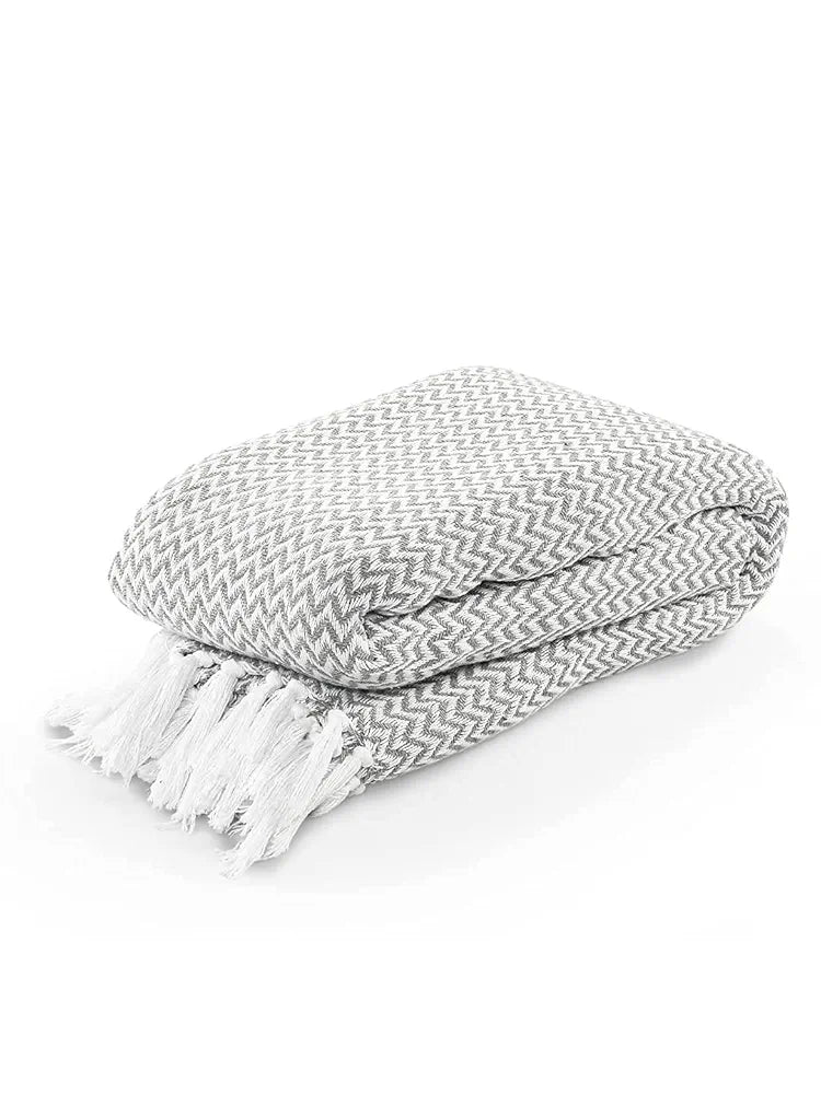 Sashaa World Chevron Throw Blanket Handwoven with Fringes Colour Grey