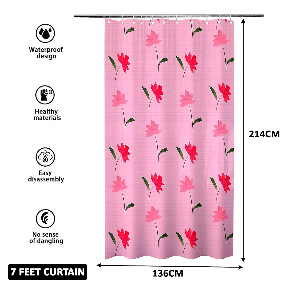 Kuber Industries Shower Curtain Bathroom Shower Curtain 8 Rings Curtain Painting Pink