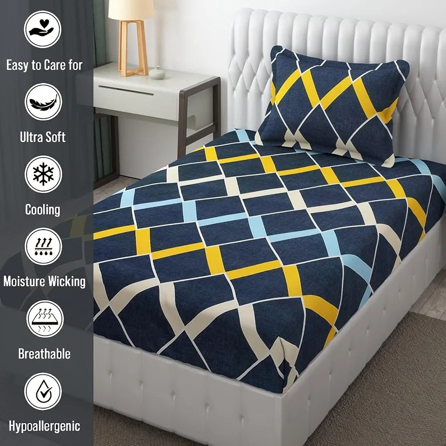 Fresh From Loom Microfiber Single Size Single Geometric Bedsheet with 1 Pillow Covers 144 TC Slate Grey