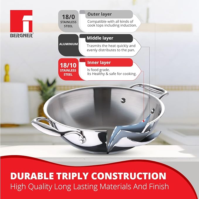 Bergner Tripro Triply Stainless Steel 24 Cm Kadai With Stainless Steel Lid | 3.1 L Kadhai