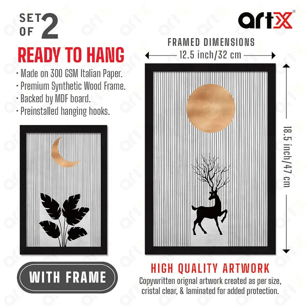 ArtX Paper Boho Aesthetic Wall Decor Paintings with Frame AXII-21-LEF Set Of 2