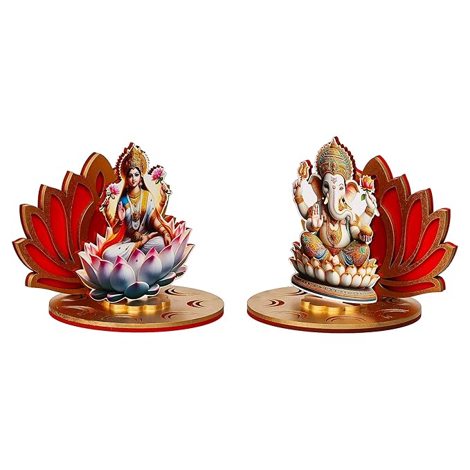 Ecraftindia Set of 2 Mdf Wooden Goddess Lakshmi and Lord Ganesha Sitting on Lotus Flower Decorative Showpieces