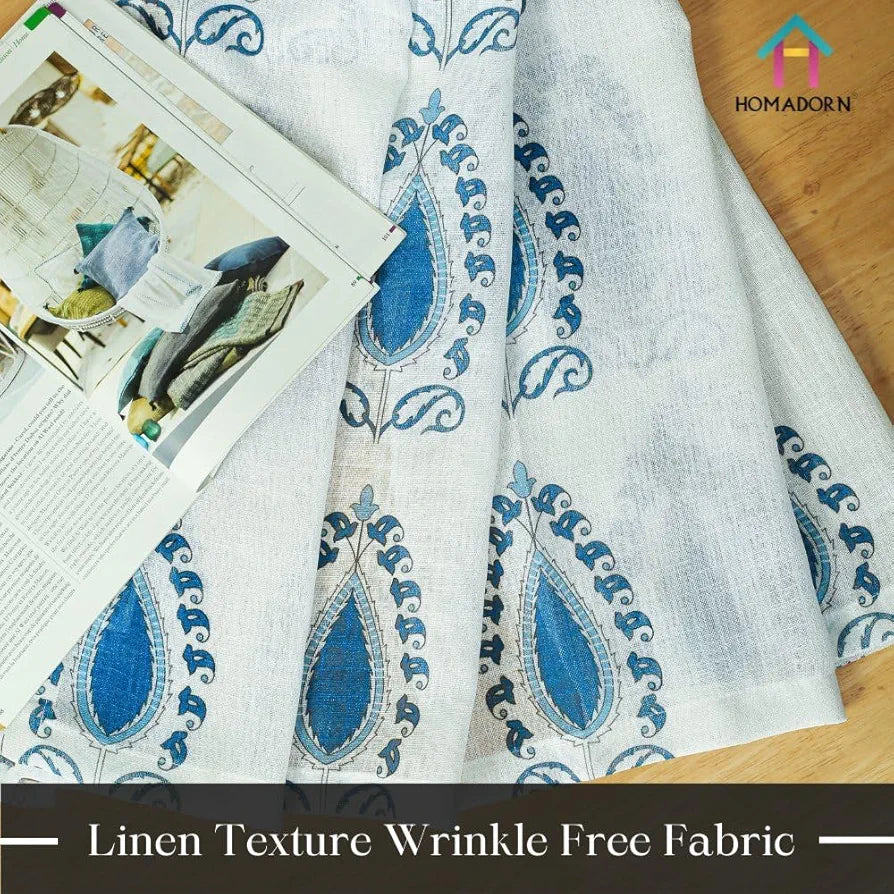 Homadorn Linen Sheer Printed Semi Transparent Curtains for Window Set of 2 Blue Motifs