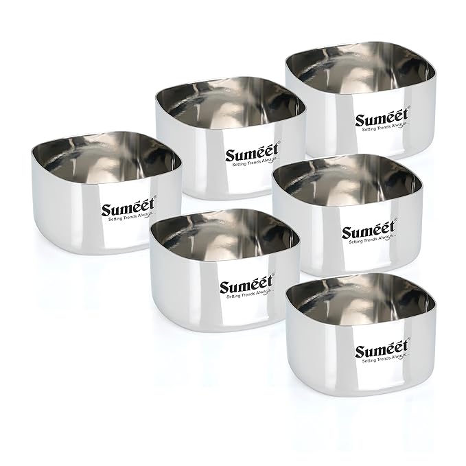Sumeet Heavy Gauge Stainless Steel Square Bowl Set of 6pc 200 ml Each Silver