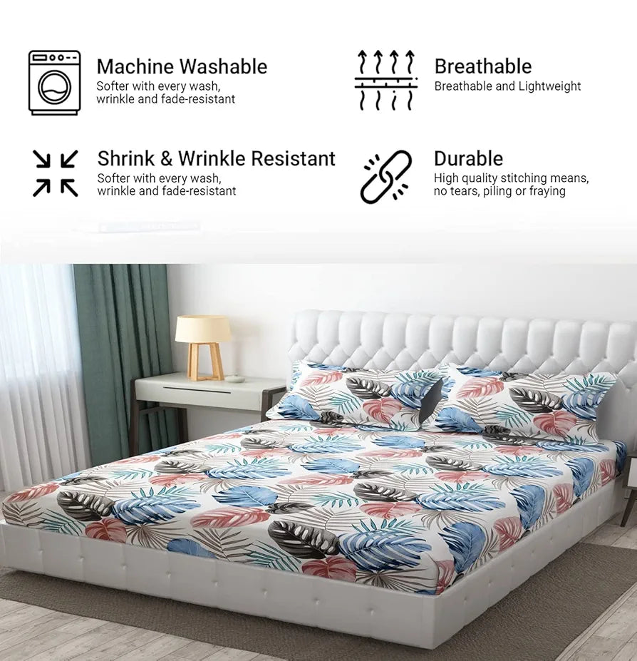 Fresh From Loom Microfiber Double Bed Bedsheet For King Size Bed Floral Design Bed Spread With 2 Pillow Covers 144 TC BBM White