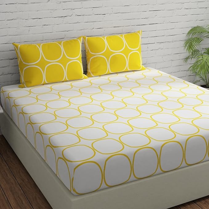 Huesland by Ahmedabad Cotton 144 TC King Size Bedsheet Cotton with 2 Pillow Covers | White & Yellow