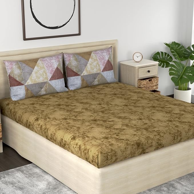 Huesland by Ahmedabad Cotton 186 TC Cotton Bedsheet for Double Bed King Size with 2 Pillow Covers | Green Ochre, Grey & Mulberry