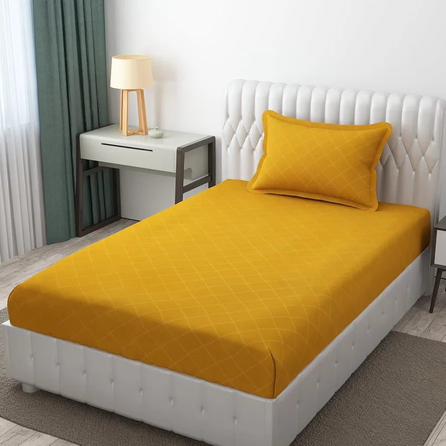 Fresh From Loom Microfiber Bed Sheet Set Single Geometric Bedsheet with 1 Pillow Covers 144 TC Yellow Barfi