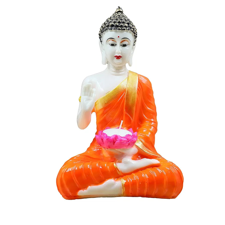 Jaipur Ace Orange Buddha Sitting With Tea Light in Hand Polyresin Idol
