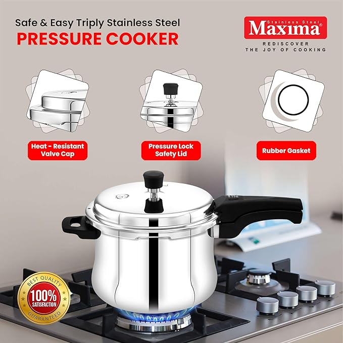 Maxima Sumo Belly Plus Triply 1.5L Stainless Steel Cooker Glass Lid - 1600 gms