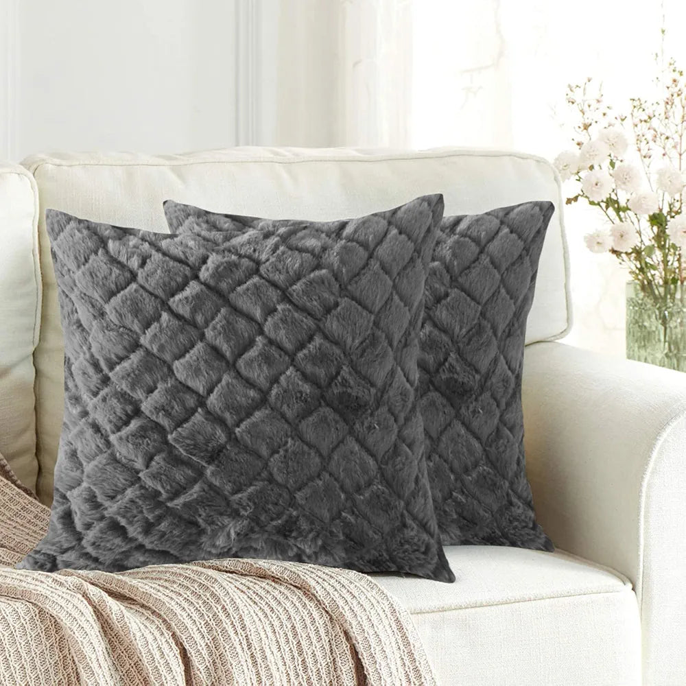 Luxe Home Cushion Cover Duble Side Rabbit Fur Diamond Design Covers Set of 2 Colour Grey