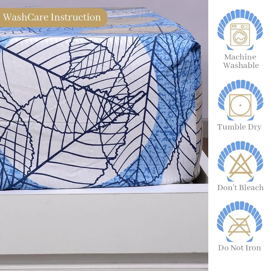 Divine Casa 144 TC Cotton Fitted Bedsheet for Double Bed with 2 Pillow Covers Colour Lichen Blue Elastic Fit for Queen Size Bed