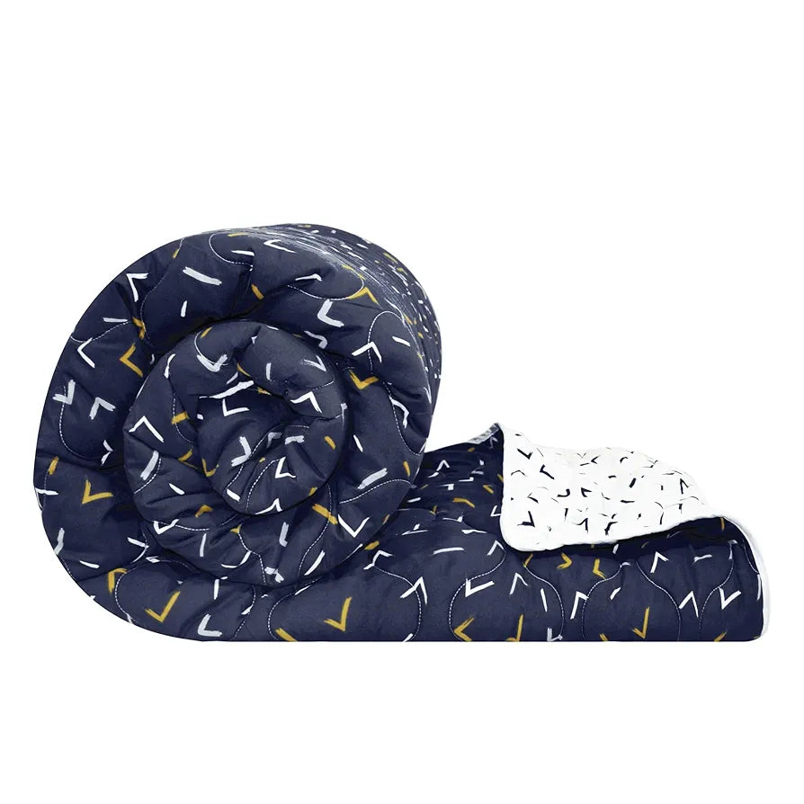 Divine Casa Microfibre All-Weather 150 GSM Printed Reversible Double Bed Size Quilt Comforter Blanket TC - 150 Colour Navy Blue and D White