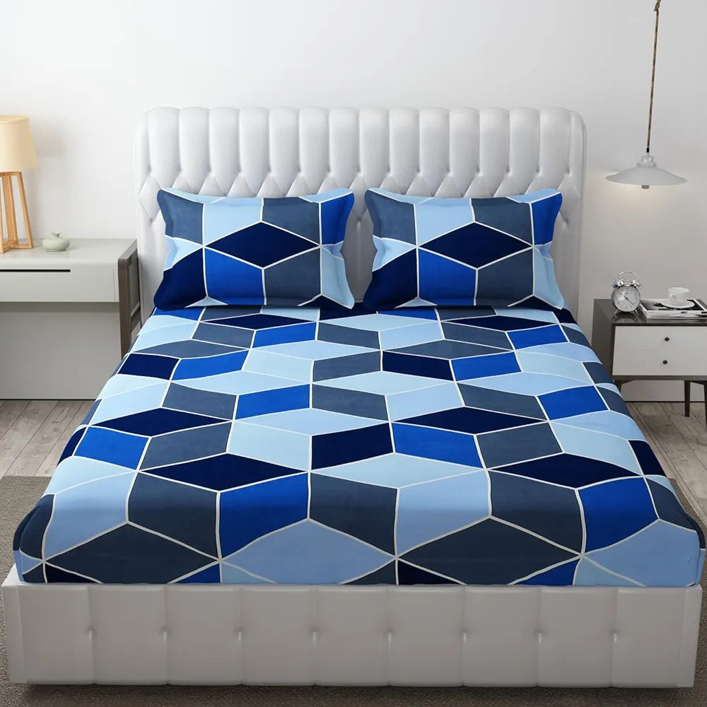 Fresh From Loom Soft Glace Cotton Fitted Bedsheet King Size Bed with Two Pillow Cover Elastic Geometric Bluish Multicolor 144 TC