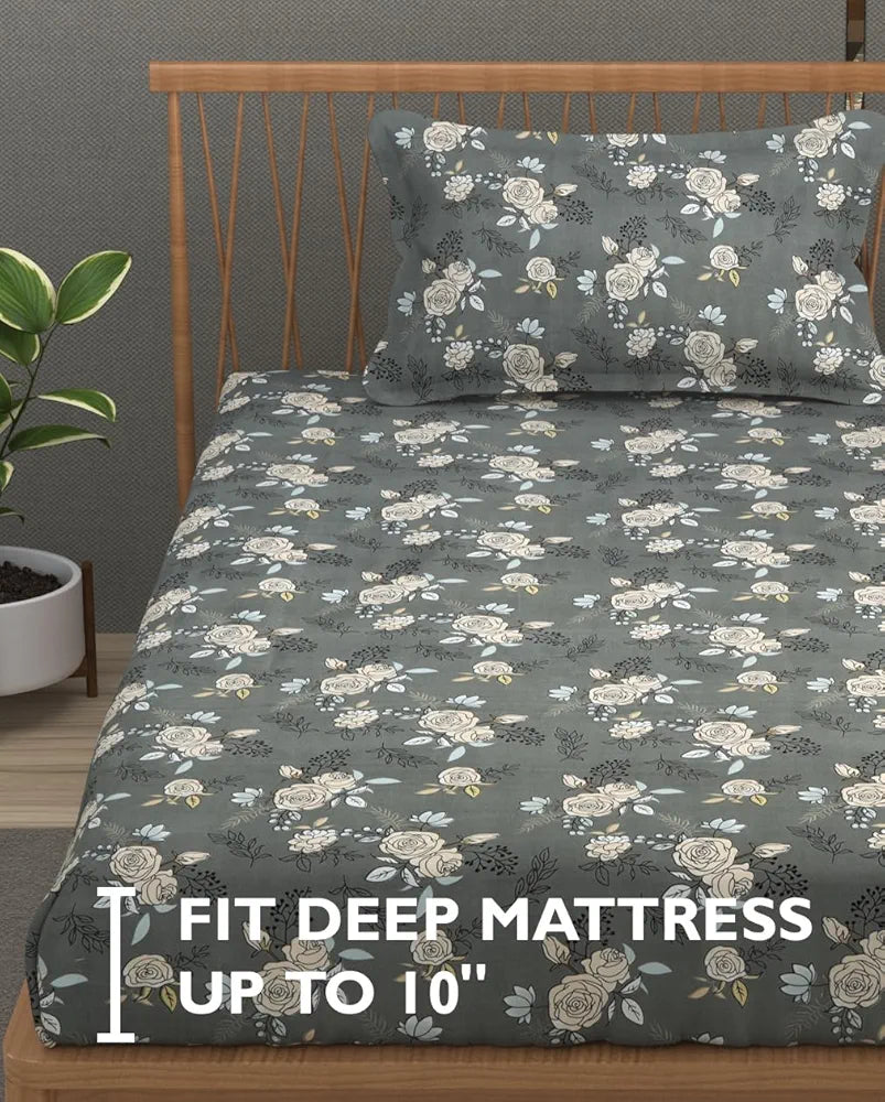 Fresh From Loom Single Bed Microfiber Bedsheet with Floral Print 240 TC 1 Pillow Covers Rose-Oslo-Grey