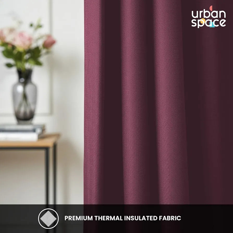 Urban Space 100% Blackout Curtains for Window 5 Feet Set of 2, Thermal Insulated Curtains with Eyelets and Tiebacks, Solid Curtain Mauve Colour