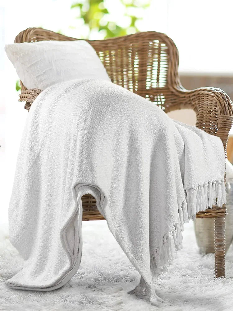 Sashaa World Cotton Chevron Throw Blanket Handwoven with Fringes Colour White