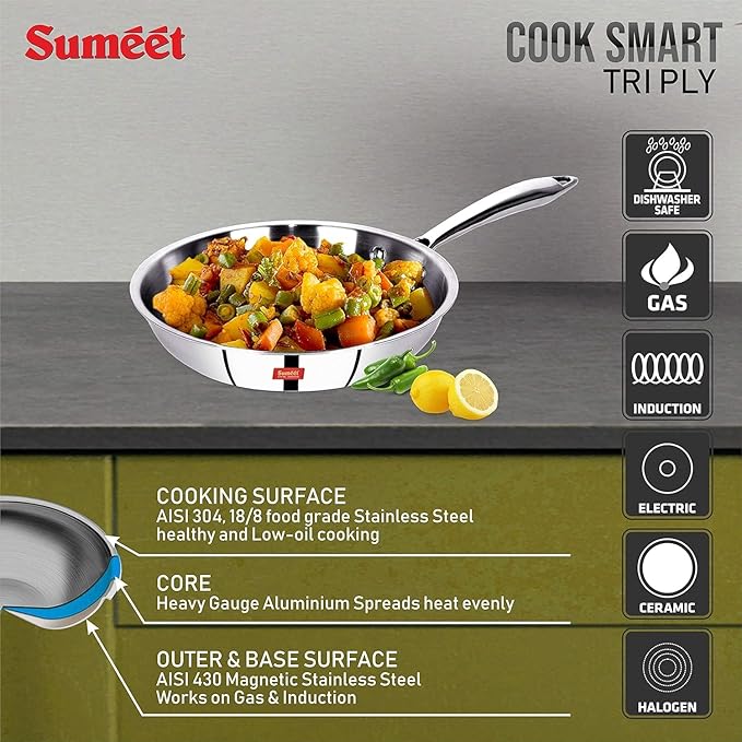 Sumeet Cook Smart TriPly SAS Steel-Aluminium Steel 3 Layers Fry Pan 1 Ltr - 20Cm