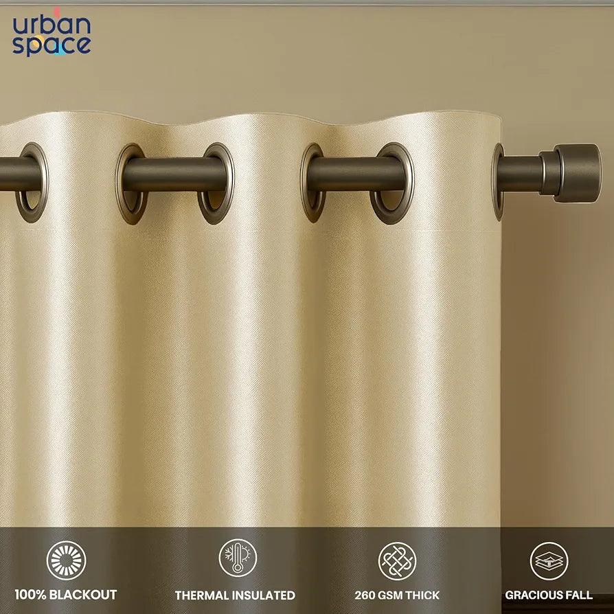 Urban Space Blackout Curtains for Living Room, Gold Foil Printed Luxurious Blackout Decorative Window Curtain Eyelet with Tieback, 1 Piece Aurika Beige Colour