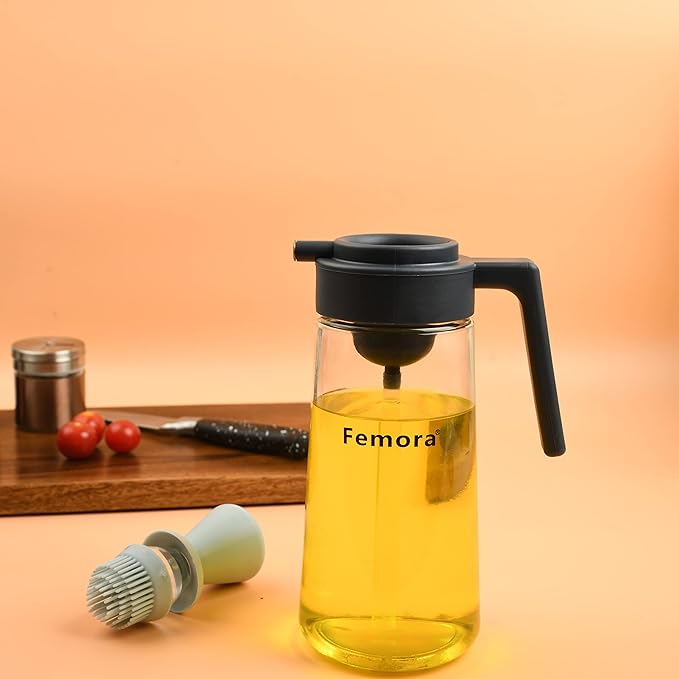 Femora Glass Oil Dispenser Bottle With Silicone Brush & Dropper | 550 Ml | Pack of 1 | Multicolor