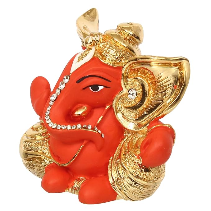 Ecraftindia Golden and Orange Polyresin Lord Ganesha Idol | Sacred Gift for Lord Ganesha Devotees